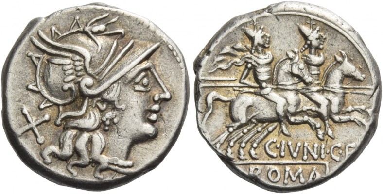 C. Iunius C.f. Denarius 149, AR 3.90 g. Helmeted head of Roma r., behind, X. Rev...