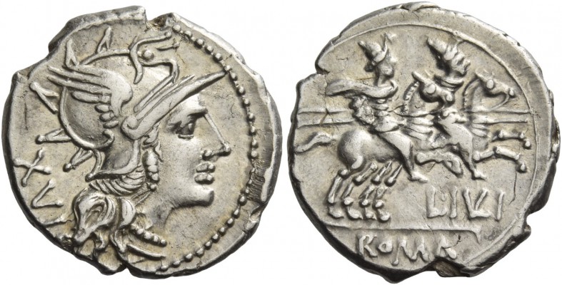 L. Iulius. Denarius 141, AR 3.98 g. Helmeted head of Roma r.; behind, XVI. Rev. ...