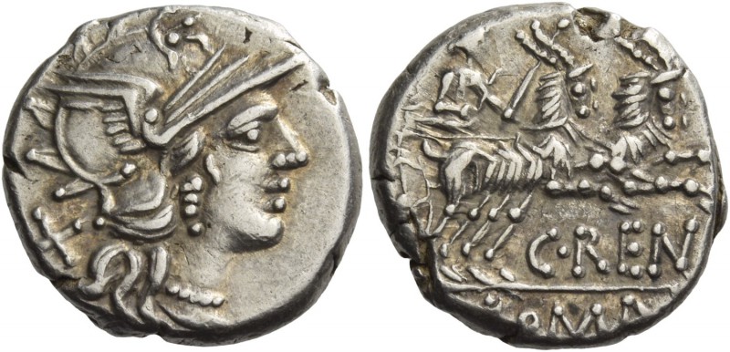 C. Renius. Denarius 138, AR 3.89 g. Helmeted head of Roma r.; behind, X. Rev. Ju...