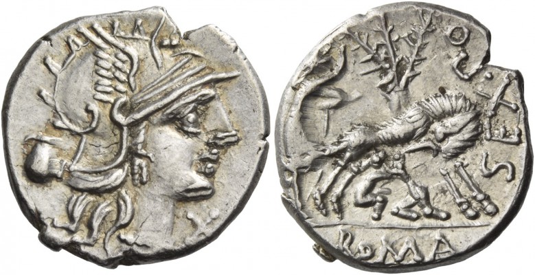 Sex. Pompeius. Denarius 137, AR 4.03 g. Helmeted head of Roma r.; below chin, X....