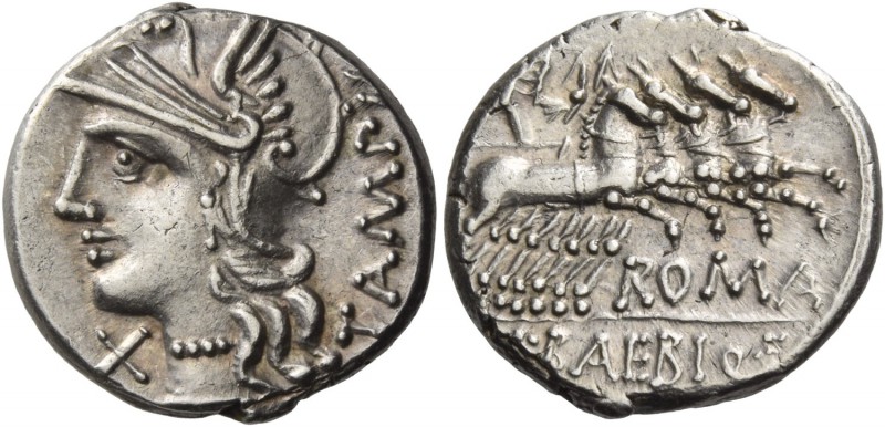 M. Baebius Q.f. Tampilus. Denarius 137, AR 3.91 g. Helmeted head of Roma l., wea...