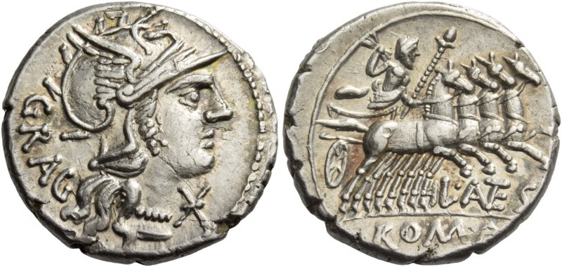 L. Antestius Gragulus. Denarius 136, AR 3.94 g. Helmeted head of Roma r.; below ...