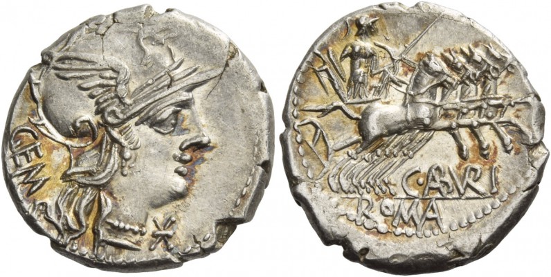 C. Aburius Geminus. Denarius 134, AR 3.93 g. Helmeted head of Roma r.; below chi...