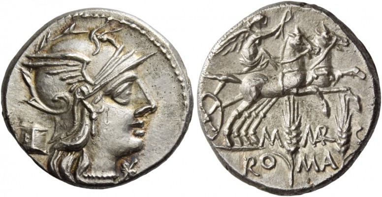 M. Marcius Mn. f. Denarius 134, AR 3.93 g. Helmeted head of Roma r.; below chin,...