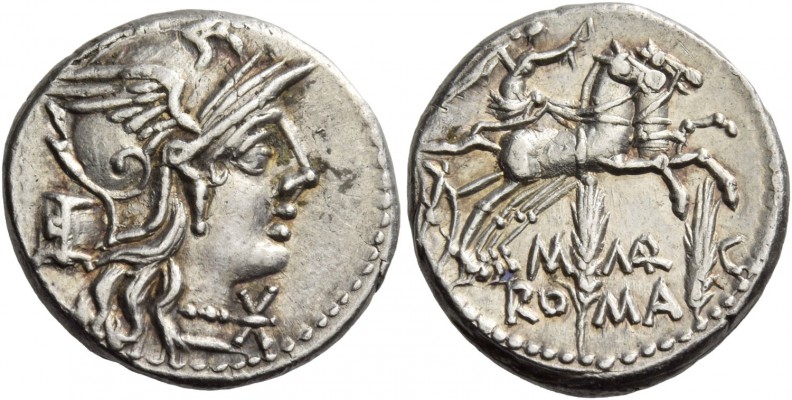 Denarius 134, AR 3.92 g. Helmeted head of Roma r.; behind, modius and below chin...