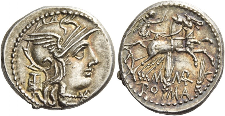 Denarius 134, AR 3.90 g. Helmeted head of Roma r.; behind, modius and below chin...