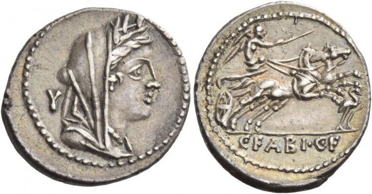 C. Fabius C.f. Hadrianus. Denarius 102, AR 3.80 g. Turreted and veiled bust of C...