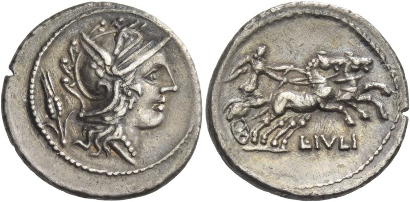 L. Iulius. Denarius 101, AR 3.87 g. Helmeted head of Roma; behind, corn ear. Rev...
