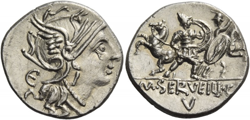 M. Servilius C.f. Denarius 100, AR 3.48 g. Helmeted head of Roma r.; behind, E. ...