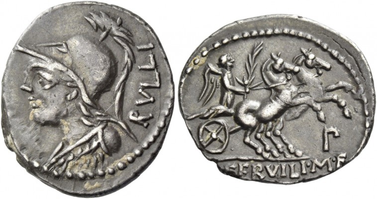 P. Servilius M.f. Rullus. Denarius 100, AR 3.88 g. Helmeted bust of Minerva l.; ...