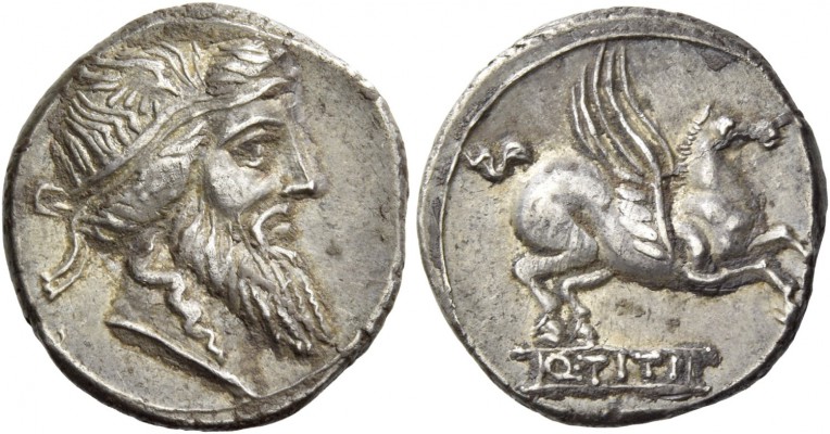 Denarius 90, AR 3.77 g. Head of Mutinus Titinus r., wearing winged diadem. Rev. ...