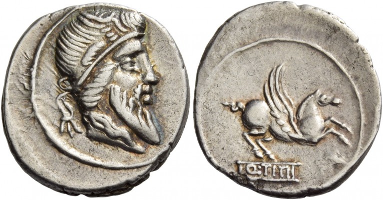 Q. Titius. Denarius 90, AR 3.62 g. Head of Mutinus Titinus r., wearing winged di...