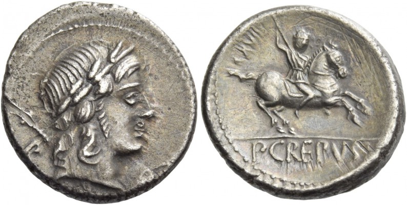 P. Crepusius. Denarius 82, AR 3.96 g. Laureate head of Apollo r., sceptre on far...