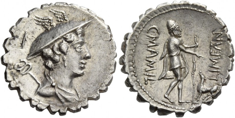 C. Mamilius Limetanus. Denarius serratus 82, AR 3.95 g. Draped bust of Mercury r...