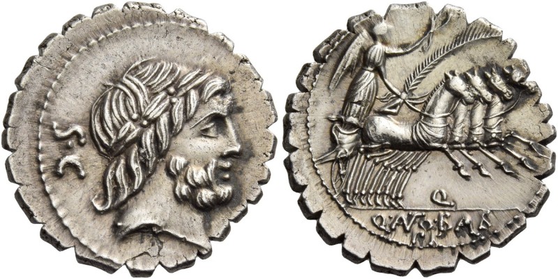 Q. Antonius Balbus. Denarius serratus 83-82, AR 3.78 g. Laureate head of Jupiter...