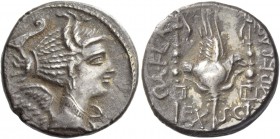 C. Valerius Flaccus. Denarius 82, AR 3.94 g. Draped bust of Victory r. Rev. C·VAL·FLA – IMPER[AT] Legionary eagle between two standards inscribed H (H...
