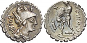 C. Poblicius Q. f. Denarius serratus, Roma 80, AR 4.09 g. Helmeted and draped bust of Roma r.; behind, ROMA and above, X. Rev. Hercules strangling the...