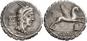 L. Papius. Denarius serratus 79, AR 3.83 g. Head of Juno Sospita r.; behind, tablet recording vote for [L] P[apius]. Rev. Gryphon leaping r.; below, v...