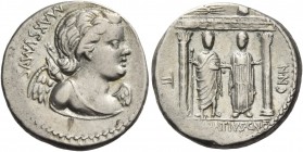 C. Egnatius Cn. f. Cn. n. Maxumus. Denarius 75, AR 3.80 g. MAXSVMVS Winged bust of Cupid r., bow and quiver of arrows over shoulder. Rev. Distyle temp...