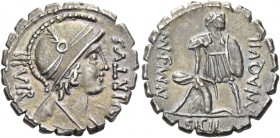 Mn. Aquillius. Denarius serratus 71, AR 3.93 g. VIRTVS – III VIR Helmeted and draped bust of Virtus r. Rev. MN AQVIL - MN·F MN·N Warrior, holding shie...