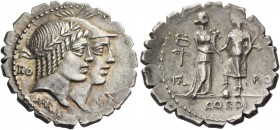 Q. Fufius Calenus and Mucius Cordus. Denarius serratus 70, AR 3.99 g. Jugate heads of Honos and Virtus r.; in l. field, HO and in r. field, [VIRT]. Be...