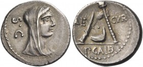 P. Sulpicius Galba. Denarius 69, AR 4.00 g. Veiled and diademed head of Vesta r.; behind, S·C. Rev. AED – CVR Knife, culullus and axe. In exergue, P·G...