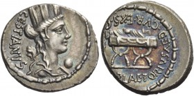 M. Plaetorius M.f. Cestianus. Denarius 67, AR 4.00 g Head of Cybele r.; behind, forepart of lion and CESTIANVS; before, globe. Rev. Curule chair; in l...
