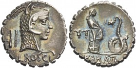 L. Roscius Fabatus. Denarius serratus 64, AR 3.84 g. Head of Juno Sospita r.; behind, flauts and below neck truncation, L ROSCI. Rev. Girl standing r....