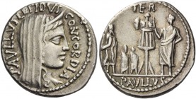 L. Aemilius Lepidus Paullus. Denarius 62, AR 4.01 g. PAVLLVS LEPIDVS – CONCORDIA Diademed and draped bust of Concordia r. Rev. Trophy; to r., togate f...