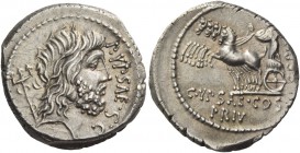 P. Plautius Hypsaeus. Denarius 60, AR 3.97 g. P·YPSAE·S·C Head of Neptune r.; in l. field, trident. Rev. [CEPIT] Jupiter in quadriga l., holding reins...