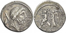M. Nonius Sufenas. Denarius 59, AR 3.92 g. SVFENAS – S·C Head of Saturn r.; in l. field, harpa and conical stone. Rev. PR·L·V·P·F Roma seated l. on pi...