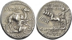 M. Aemilius Scaurus, P. Plautius Hypsaeus. Denarius 58, AR 3.62 g. M·SCAVR / AED CVR Kneeling figure r., holding olive branch and reins of camel stand...
