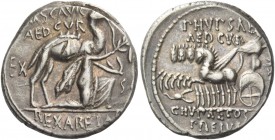 M. Aemilius Scaurus, P. Plautius Hypsaeus. Denarius 58, AR 4.02 g. M·SCAVR / AED·CVR Kneeling figure r., holding olive branch and reins of camel stand...