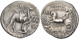 Denarius 58, AR 4.02 g. M·SCAVR / AED·CVR Kneeling figure r., holding olive branch and reins of camel standing beside him; on either side, [E]X – S·C....