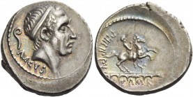 Denarius 56, AR 3.90 g. Diademed head of Ancus Marcius r.; behind, lituus and below, ANCVS. Rev. PHILIPPVS Equestrian statue standing on aqueduct; at ...