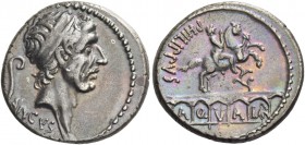 L. Marcius Philippus. Denarius 56, AR 4.01 g. Diademed head of Ancus Marcius r.; behind, lituus and below, ANCVS. Rev. PHILIPPVS Equestrian statue sta...