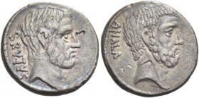 M. Iunius Brutus. Denarius 54, AR 3.94 g. BRVTVS Head of L. Iunius Brutus r. Rev. AHALA Head of C. Servilius Ahala r. Babelon Julia 30 and Servilia 17...