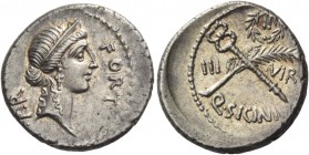 Q. Sicinius. Denarius 49. AR 3.79 g. FORT – P·R Diademed head of Fortuna Populi Romani r. Rev. Palm branch tied with fillet and winged caduceus in sal...