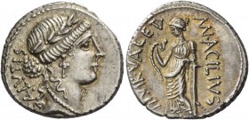 Mn. Acilius Glabrio. Denarius 49, AR 3.87 g. SALVTIS (upwards) Laureate head of Salus r. Rev. MN·ACILIVS – III·VIR·VALETV Valetudo standing l., restin...