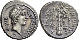 Q. Sicinius and C. Coponius. Denarius, mint moving with Pompey 49, AR 3.76 g. Q·SICINIVS – III·VIR Head of Apollo r., hair tied with band; below, star...