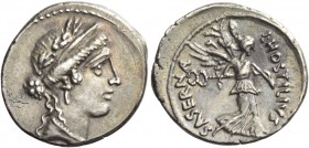 L. Hostilius Saserna. Denarius 48, AR 4.23 g. Female head r., wearing oak wreath. Rev. L·HOSTILIVS – SASERNA Victory advancing r., holding caduceus an...
