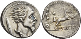 Denarius 48, AR 4.03 g. Bearded male head r.; behind, Gallic shield. Rev. L·HOSTIL[IVS] Naked Gallic warrior in fast biga driven r. by charioteer, hol...