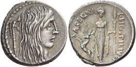 Denarius 48, AR 4.10 g. Female head r. with long hair; behind, carnyx. Rev. L·HOSTILIVS – SASERNA Artemis standing facing, holding spear and placing r...