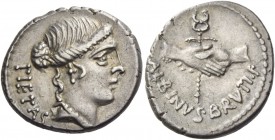 D. Iunius Brutus Albinus. Denarius circa 48, AR 3.83 g. PIETAS Head of Pietas r. Rev. Two hands clasped around winged caduceus; below, ALBINVS·BRVTI·F...