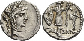 Denarius, Illyria (Apollonia ?) early to mid 48, AR 4.13 g. Female head r., wearing diadem and oak wreath; behind, TII. Rev. CAE – SAR Trophy with Gal...