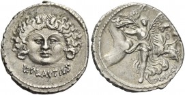 L. Plautius Plancus. Denarius 47, AR 3.62 g. Head of Medusa facing; with coiled snake on either side; below, L·PLAVTIVS. Rev. Victory facing holding p...
