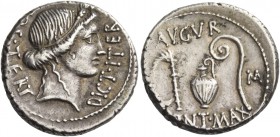 C. Iulius Caesar. Denarius, Sicily (?) 46, AR 3.79 g. COS·TERT – DICT·ITER Head of Ceres r., wearing wreath of barley. Rev. AVGVR Culullus, aspergillu...