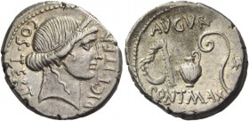 Denarius, Sicily (?) 46, AR 3.93 g. COS·TERT – DICT·ITER Head of Ceres r., wearing wreath of barley. Rev. AVGVR Culullus, aspergillum, jug and lituus....