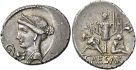 Denarius, Spain 46-45, AR 3.84 g. Diademed head of Venus l., with star in hair and Cupid perched on shoulder. In l. field, lituus and in r. field, sce...
