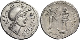 Cn. Pompeius Magnus and M. Poblicius. Denarius, Spain 46-45, AR 3.64 g. M·POBLICI·LEG·PRO Helmeted head of Roma r.; behind, PR. Bead and reel border. ...